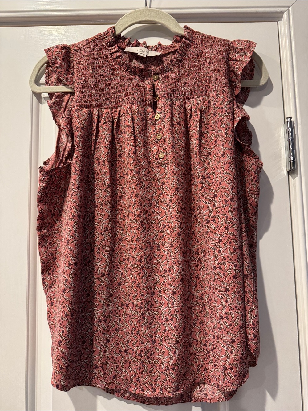 LOFT Girls' Pink Floral Smocked Ruffle Sleeve Top